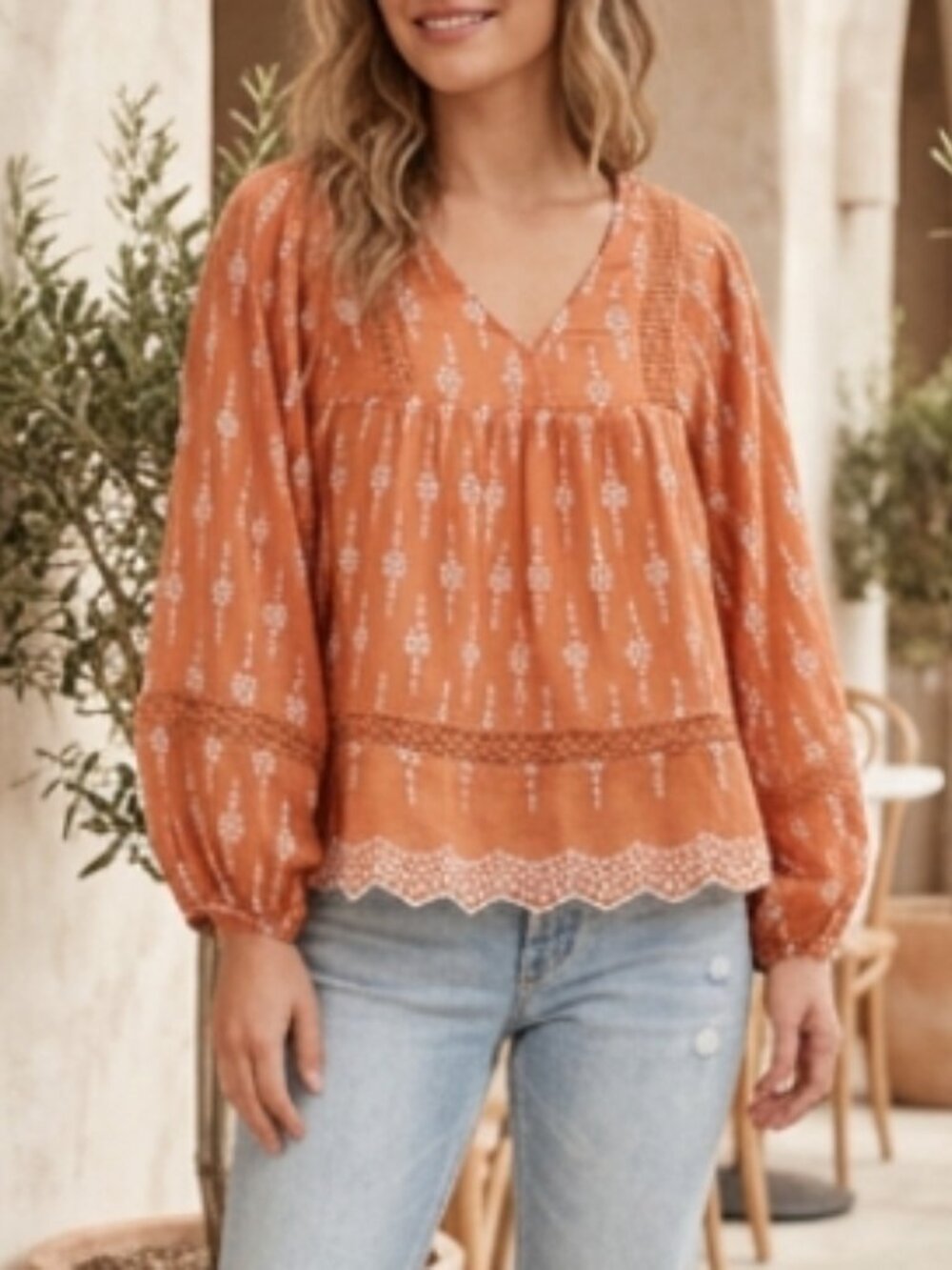 American Eagle Embroidered Eyelet Lace Trim Cotton Top Blouse S Boho Peasant